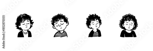 Children With Closed Eyes In Hand Drawn Style Set. Sleepiness, Fatigue, Rest Doodle Sketch Collection. Emotional Expression, Tiredness. Isolated Vector Illustration