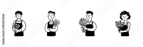 Florists Holding Flowers In Hand Drawn Style Set. Floral Arrangement, Gardening, And Plant Care Doodle Sketch Collection. Botanical Enthusiasts. Isolated Vector Illustration