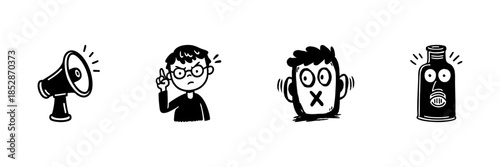 Megaphone, Person Gesturing, Silent Face, And Bottle With Face In Hand Drawn Style Set. Communication, Expression, And Emotion Doodle Sketch Collection. Isolated Vector Illustration