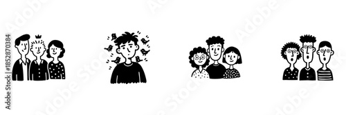 Group Of Diverse Characters In Hand Drawn Style Set. Social Interaction, Community, And Emotional Expression Doodle Sketch Collection. Cartoon Faces And Reactions. Isolated Vector Illustration