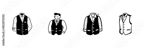 Men'S Vest And Shirt Icon Set In Hand Drawn Style. Formal Attire, Business Fashion, Professional Wardrobe Doodle Sketch Collection. Clothing And Style Illustration. Isolated Vector Illustration