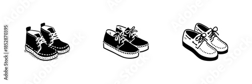 Three Types Of Shoes In Hand Drawn Style Set. Casual Footwear, Fashion Variety, Style Diversity Doodle Sketch Collection. Isolated Vector Illustration