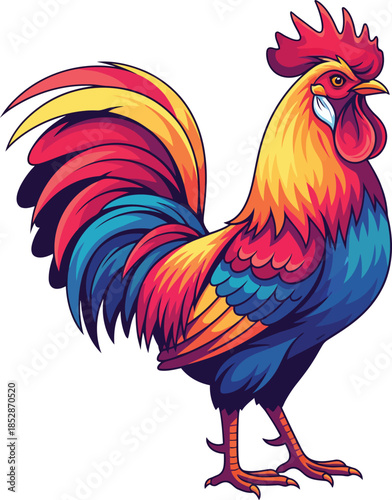A proud stylized rooster with vibrant multicolored plumage and a prominent red comb.