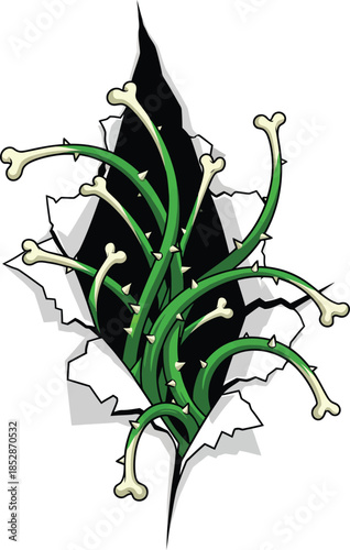 A monstrous tangle of green thorny vines each stalk tipped with a cartoon bone bursting out.