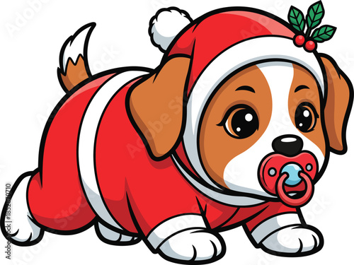 Adorable cartoon baby puppy in a red Santa Claus costume with a pacifier and holly.