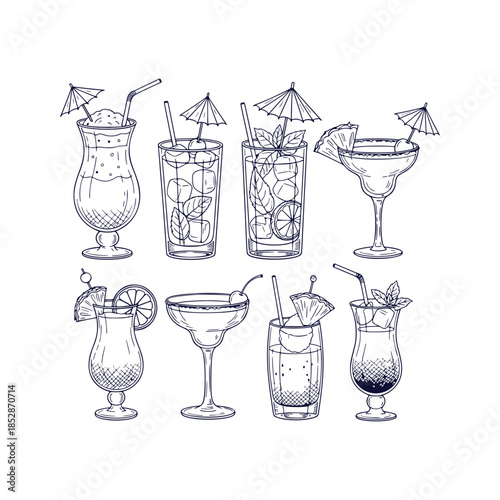 Vintage Hand-drawn Vector Set of Sippable Tropical Cocktails and Summer Beach Alcoholic Drinks