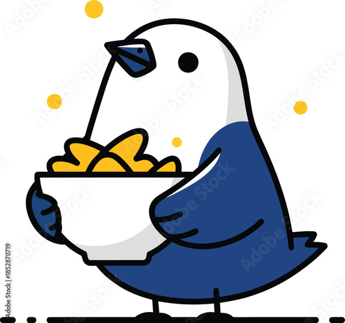 Adorable blue and white cartoon bird character holding a white bowl filled with yellow tortilla chips.