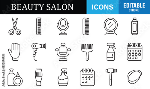 Editable outline beauty salon icons on white background