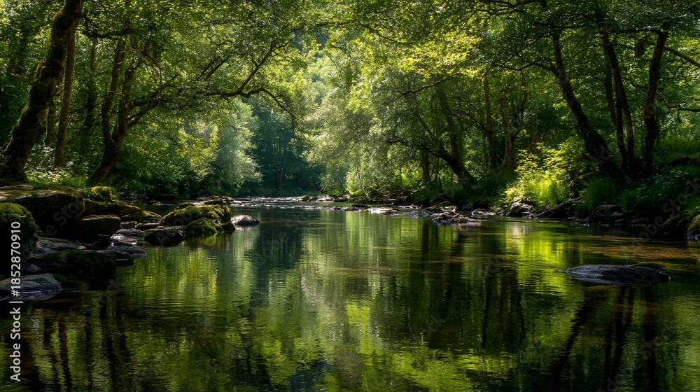 Fototapeta premium Serene Forest River - A Tranquil Reflection of Lush Greenery and Natural Beauty.