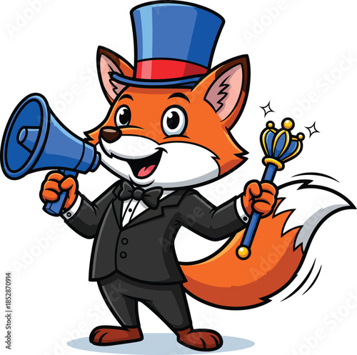 Cartoon fox ringmaster in a tuxedo and top hat holding a megaphone and scepter.