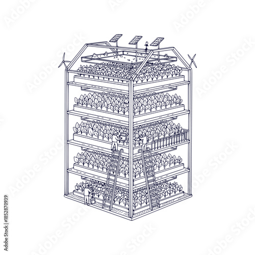 Outline Vector Illustration of Vertical Farming Greenhouse Sustainable Smart Agriculture System