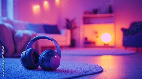 Wireless headphones in a softly lit, blurred domestic interior ambiance