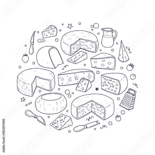 Delicious Artisan Cheese Collection Hand Drawn Outline Doodle Vector Illustration Dairy Food