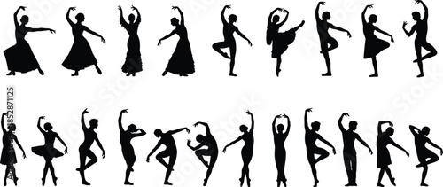 Elegant, dancer, silhouettes, collection, including, ballet, contemporary, and, classical, performers, in, graceful, poses, isolated, vector, set, for, arts, and, theater.