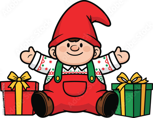 Cheerful cartoon gnome in a red hat and overalls sitting happily between two wrapped Christmas presents.