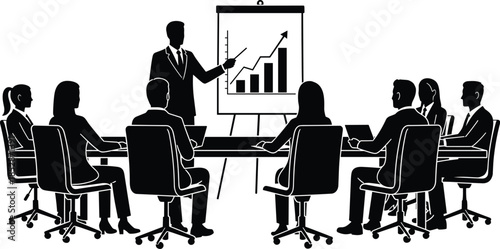 Business leader presenting financial growth chart to professional team in boardroom meeting, silhouette vector illustration of corporate success and collaboration.