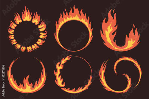 Cartoon Fire Flame Rings Featuring Red Hot Burning Hoops Plus Blaze Round Border Frames And Inferno Fire Circle Gate With Energy Dynamic Effect In Isolated Comic Vector Illustration Set