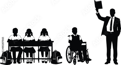 Silhouette of a male teacher holding a book while instructing a group of diverse students including a child in wheelchair.