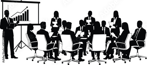 Silhouette of Business People in Meeting, Professional Presentation with Growth Chart, Corporate Teamwork, Financial Analysis Seminar, Leadership and Office Collaboration,