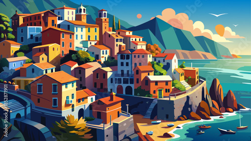 Very beautiful coastal view of a Cinque Terre village with colorful houses clinging to steep cliffs, narrow paths, and deep blue sea creating a dramatic Mediterranean atmosphere.