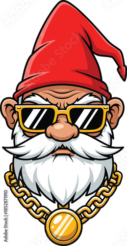 Cool Gangster Gnome Mascot with Red Hat Sunglasses and Gold Chain.