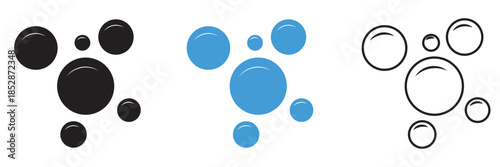 Water Bubbles icon.  Oxygen sphere pictogram. Clean wash suds concept. Blue and black blowing bubbles icon set.
