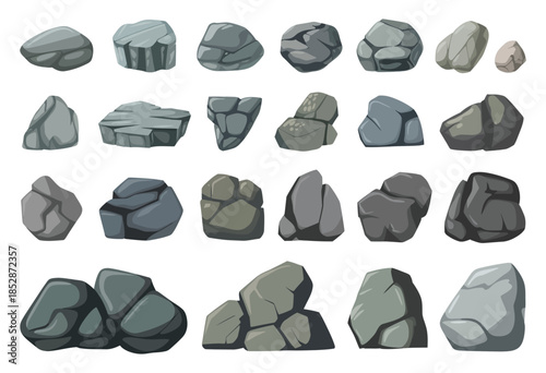 Cartoon Grey Stone And Rock Clipart Featuring 3D Boulders Plus Pebbles And Pile Of Rubble With Debris Isolated Natural Landscape Elements For Mountain Cliff Vector Illustration Graphic