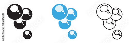 Water Bubbles icon.  Oxygen sphere pictogram. Clean wash suds concept. Blue and black blowing bubbles icon set.