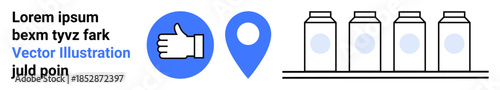 Feedback systems, location services, food delivery, dairy products, customer reviews, logistics. Icons of a thumbs up, location pin and milk cartons in a row. Feedback systems and location services