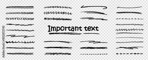 Chalk pencil watercolor brush and crayon underline line bundle on like png transparent bg offering hand drawn doodle effect with black color texture perfect for blackboard themed kit elements.