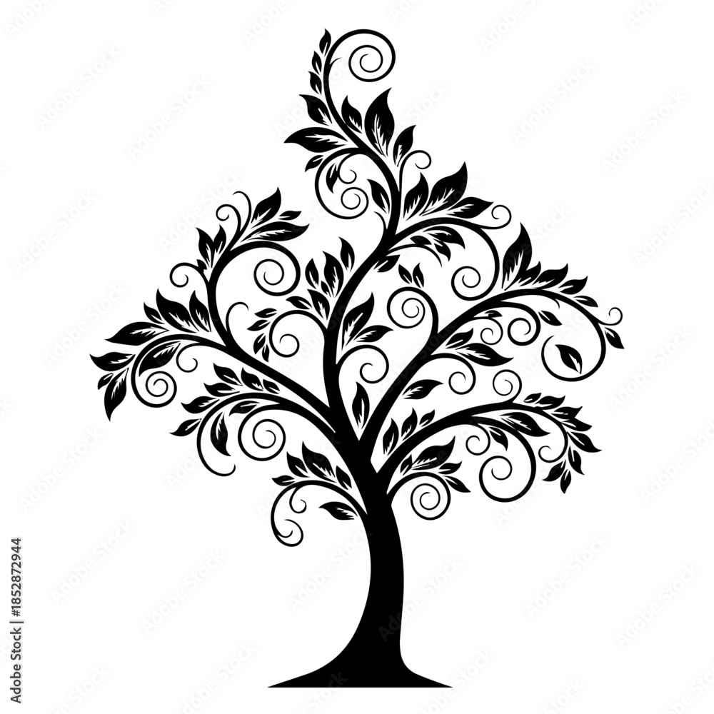 Obraz premium An ornate tree with swirling branches and leaves in a minimalist black illustration