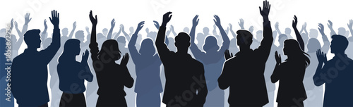 Crowd of People Raising Hands Together in Public Gathering or Event