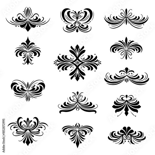 Collection of elegant black and white decorative designs on a plain white background