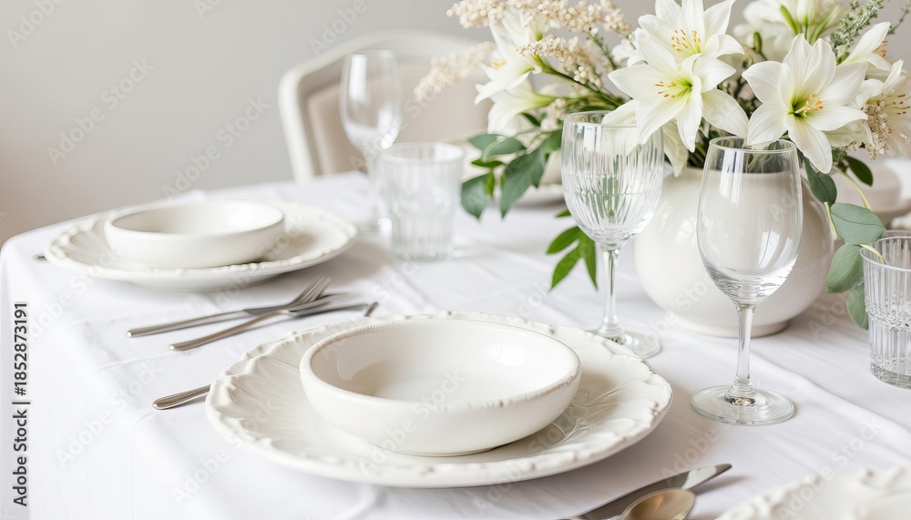 Fototapeta premium Elegant place setting on white tablecloth. Dining table decoration for special occasion. Festive dinner concept, wedding reception or celebration.