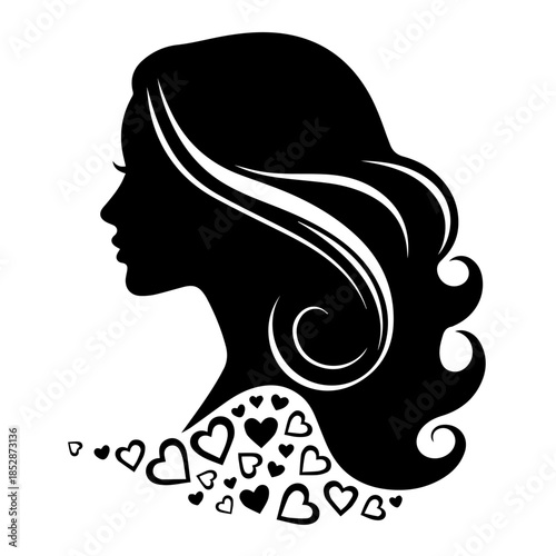 Silhouette of a woman with flowing hair surrounded by hearts