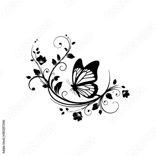 A butterfly surrounded by flowers and vines in a decorative illustration