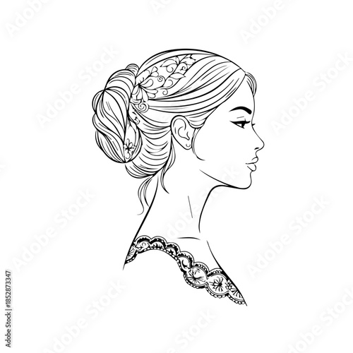 Elegant female profile with ornate bun hairstyle and delicate lace detail drawing