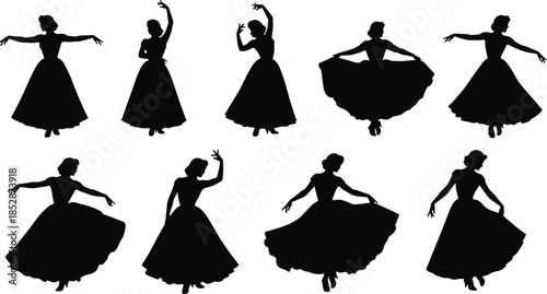 Dancing women silhouettes, flowing dresses, graceful movement, classical pose, black vector, clipart, line art, stock illustration, elegant stance, choreography icon