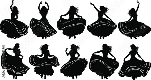 Dancing women silhouettes, flowing dresses, traditional pose, cultural movement, black vector, clipart, line art, stock illustration, expressive stance, folkloric style