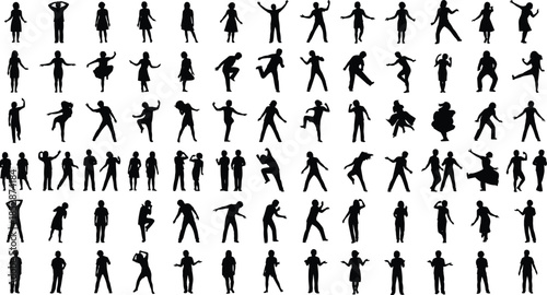 Human motion silhouettes, expressive poses, black vector, clipart, line art, stock illustration, gesture variety, body movement, dynamic stance, figure icon