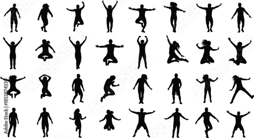 Human silhouette poses, dynamic movement, black figures, gesture collection, vector clipart, line art, stock illustration, athletic action, expressive stance, motion study