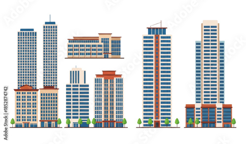 Apartment buildings vector set with modern urban housing in flat design isolated on transparent background