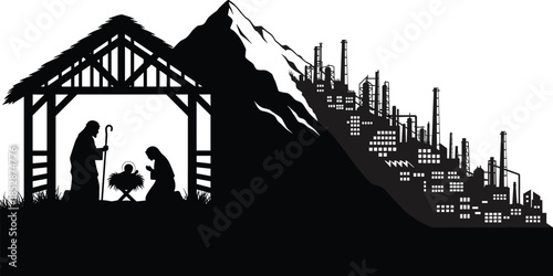 Nativity silhouette, industrial contrast, spiritual scene, urban landscape, black vector, clipart, line art, stock illustration, tradition vs progress, symbolic art