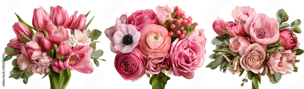 Naklejka premium Three floral arrangements featuring blooms in various shades of pink, artfully arranged against a black background