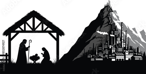 Nativity silhouette, industrial contrast, spiritual vs modern, black and white, Christmas theme, vector clipart, line art, stock illustration, environmental message, tradition vs technology