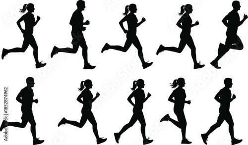 Running silhouettes, male and female, stride motion, black vector, clipart, line art, stock illustration, athletic pose, fitness icon, sports action