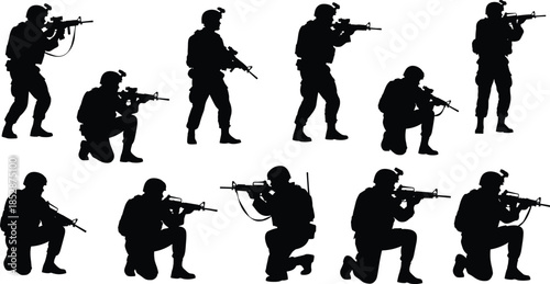 Soldier silhouettes, tactical poses, armed forces, rifle stance, military vector, black clipart, line art, stock illustration, combat gear, warfare icon