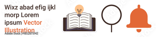 Education, learning tools, online study, knowledge sharing, notification systems, research. Open book with light bulb, magnifying glass and bell icons. Education and learning tools symbolism