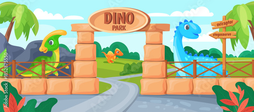 Dinosaur park. Cartoon dinosaurs zoo entry gate, dino animals jurassic period prehistoric era entrance diplodocus jungle island nature background scene, neat vector illustration