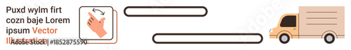 E-commerce, delivery services, logistics, mobile apps, online shopping, shipment tracking. Hand pointing to an instruction box beside a delivery truck. E-commerce and delivery services concepts